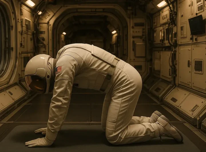 Astronauta in tuta spaziale che esegue un esercizio di stretching