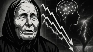 Baba Vanga ritratto in bianco e nero mentre solleva le mani