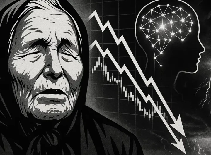 Baba Vanga ritratto in bianco e nero mentre solleva le mani