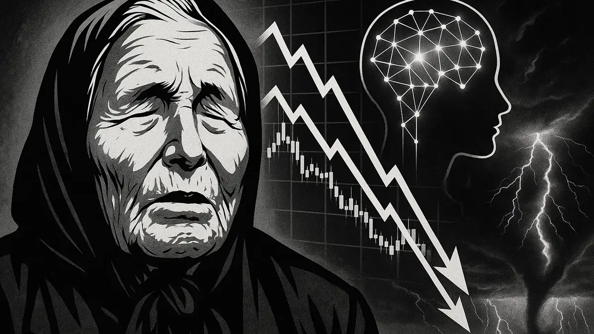 Baba Vanga ritratto in bianco e nero mentre solleva le mani