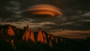 Balze del Valdarno al tramonto con nube lenticolare in Italia