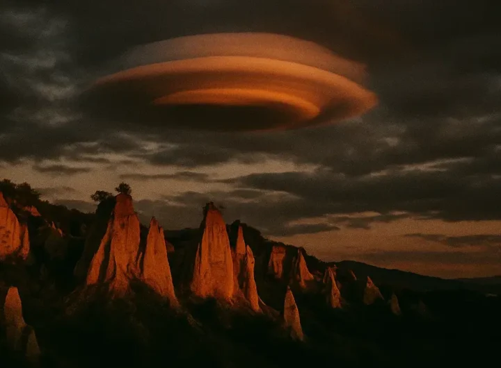 Balze del Valdarno al tramonto con nube lenticolare in Italia