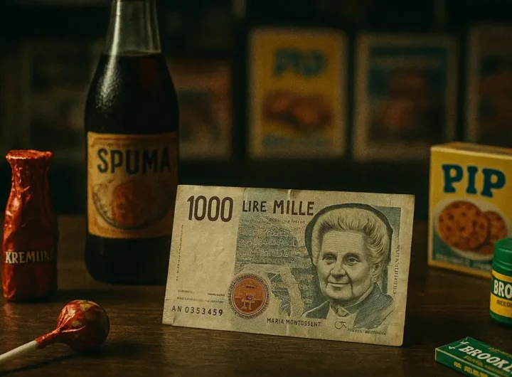 Banconota 1000 lire Maria Montessori vicino a oggetti