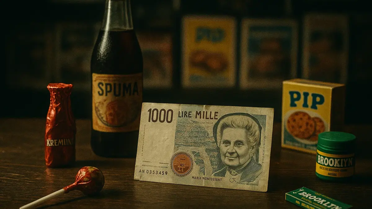 Banconota 1000 lire Maria Montessori vicino a oggetti