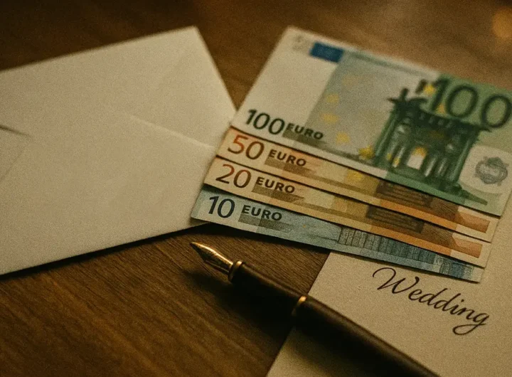 Busta di matrimonio con banconote in euro e un biglietto