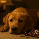Cane seduto accanto a un pacchetto di cioccolato fondente