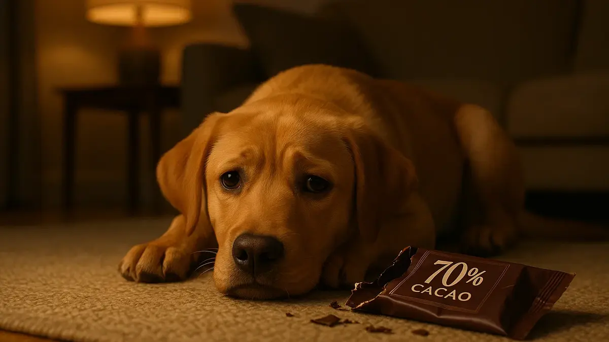 Cane seduto accanto a un pacchetto di cioccolato fondente