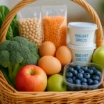 Carrello del supermercato pieno di alimenti sani e dietetici