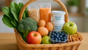 Carrello del supermercato pieno di alimenti sani e dietetici
