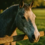 Cavallo anziano grigio con testa appoggiata a un recinto in un prato