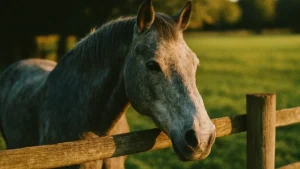 Cavallo anziano grigio con testa appoggiata a un recinto in un prato