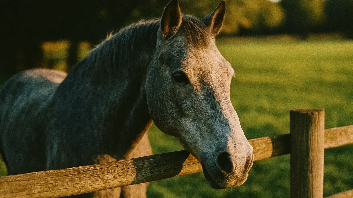 Cavallo anziano grigio con testa appoggiata a un recinto in un prato