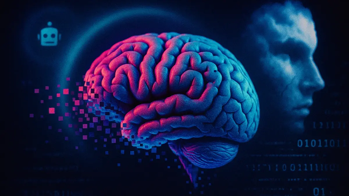 Cervello stilizzato che si scompone in pixel a simboleggiare falsi ricordi
