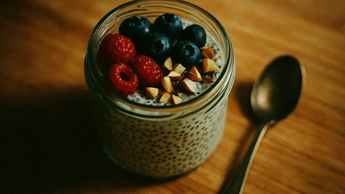 Chia pudding in barattolo con frutti di bosco e mandorle