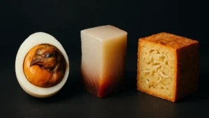 Collezione di cibi strani nel mondo Balut Hákarl Casu Marzu
