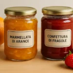 Composizione didattica che mostra un vasetto di marmellata di arance accanto a un vasetto di confettura