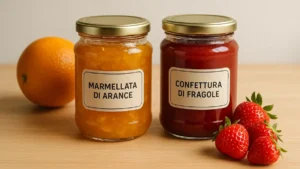 Composizione didattica che mostra un vasetto di marmellata di arance accanto a un vasetto di confettura