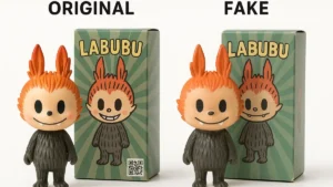 Confronto tra scatola Labubu originale e versione fake
