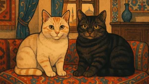 Coppia di gatti domestici con espressione affettuosa o regale