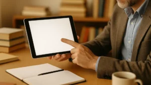 Docente sorridente usa un tablet