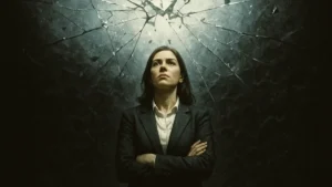 Donna affari che guarda attraverso una crepa in un soffitto di vetro