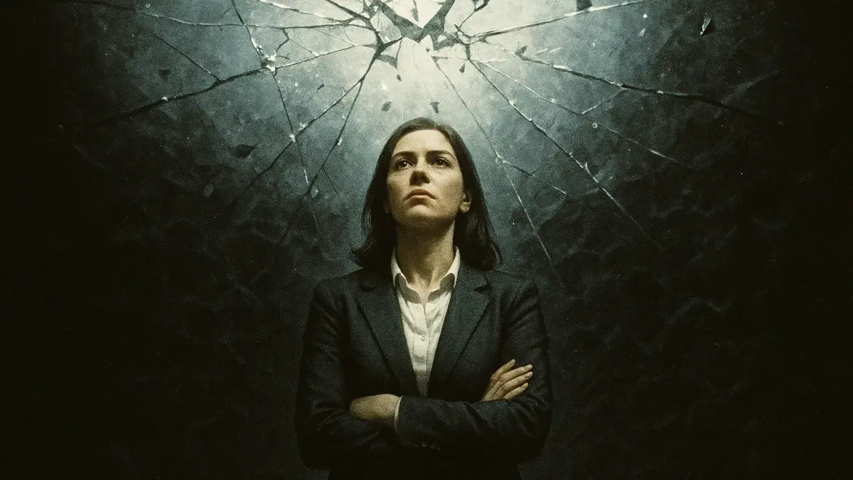 Donna affari che guarda attraverso una crepa in un soffitto di vetro