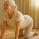 Donna anziana, sorridente esegue la posizione yoga del gatto-mucca