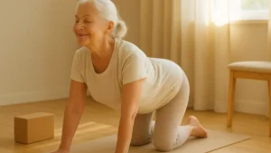 Donna anziana, sorridente esegue la posizione yoga del gatto-mucca