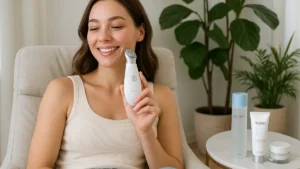 Donna che esegue trattamento viso con dispositivo estetico Nu Skin