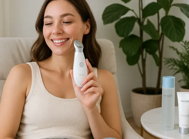 Donna che esegue trattamento viso con dispositivo estetico Nu Skin