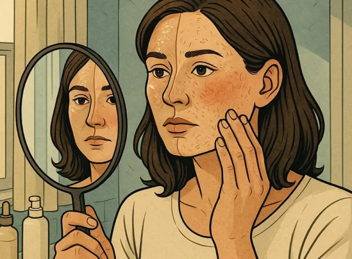 Donna che osserva la propria pelle allo specchio