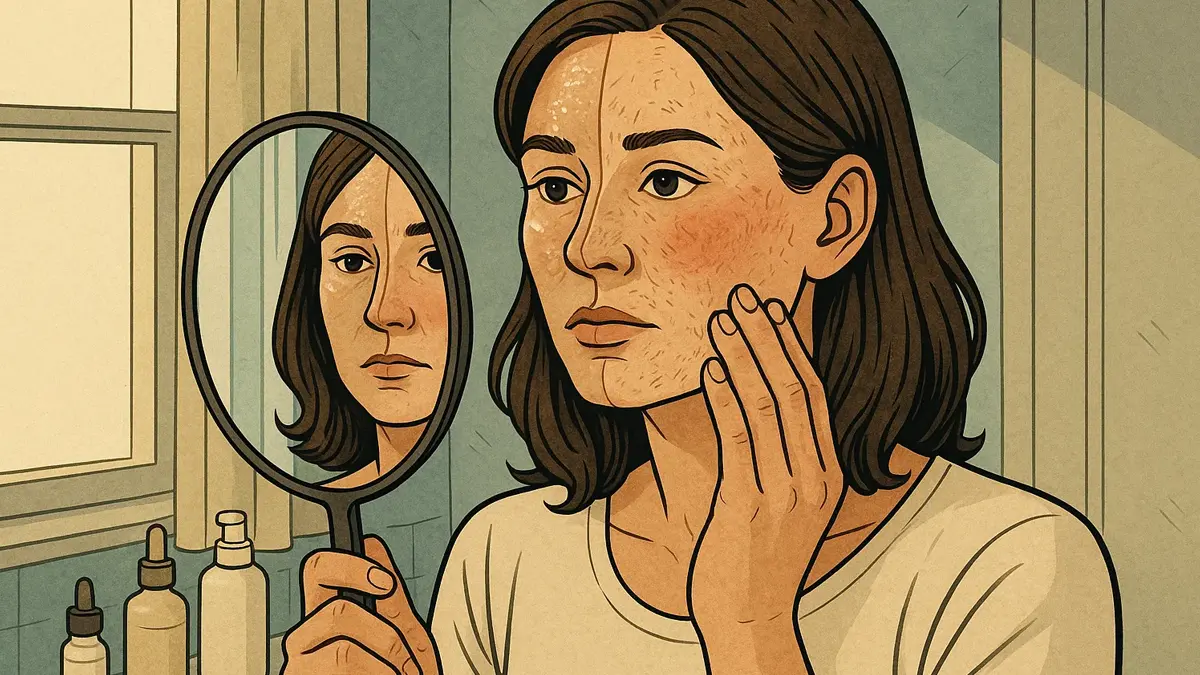 Donna che osserva la propria pelle allo specchio
