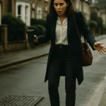 Donna in piedi vicino a uno scarico stradale in una strada urbana di Londra