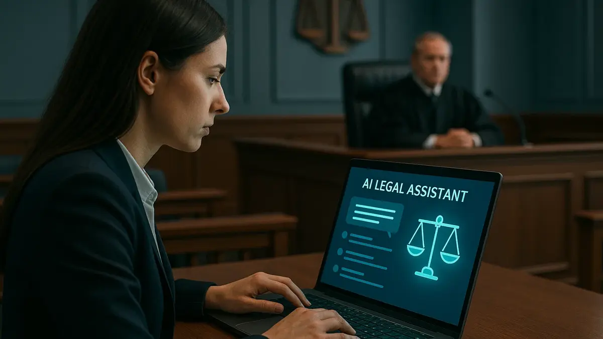 Donna non avvocato che utilizza un laptop o un tablet in un aula di tribunale