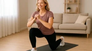 Donna over 40 che esegue uno squat a corpo libero a casa