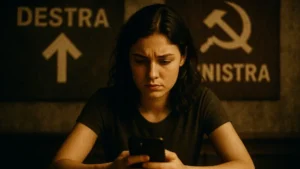 Donna riflette davanti a un cellulare con simboli politici sullo sfondo