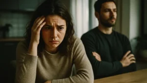 Donna seduta a un tavolo con espressione frustrata