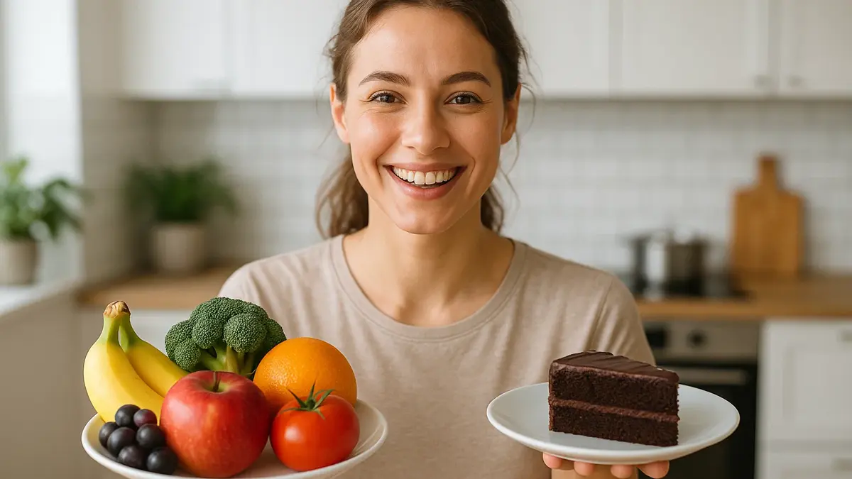 Donna sorridente che prepara un piatto colorato e bilanciato