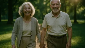Due anziani un uomo e una donna sorridenti e in salute passeggiano in un parco al tramonto