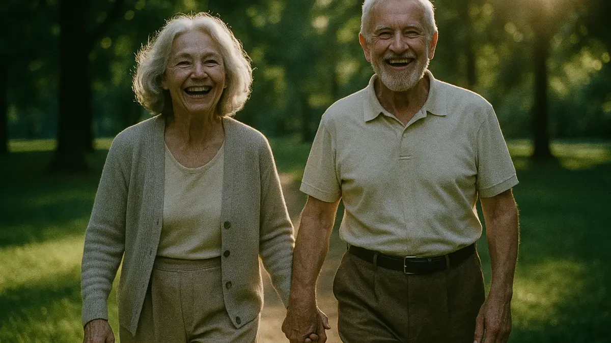 Due anziani un uomo e una donna sorridenti e in salute passeggiano in un parco al tramonto