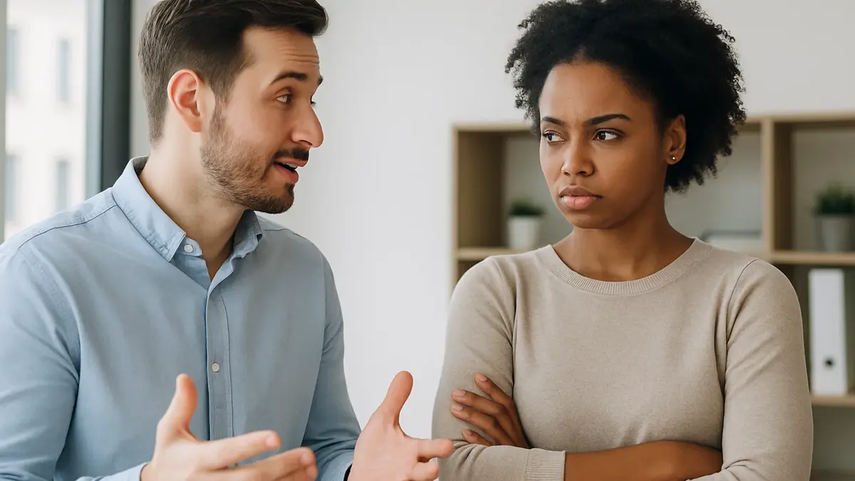 Due persone che interagiscono con posture e gesti contrastanti