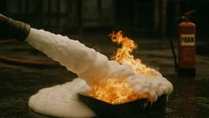 Estintore a schiuma in azione su fuoco di classe B