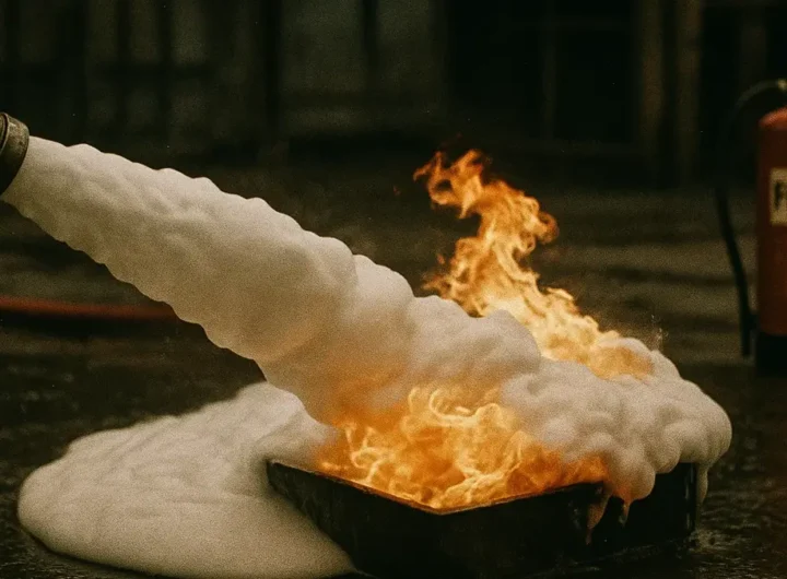 Estintore a schiuma in azione su fuoco di classe B