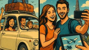 Famiglia italiana in vacanza anni 60 con utilitaria