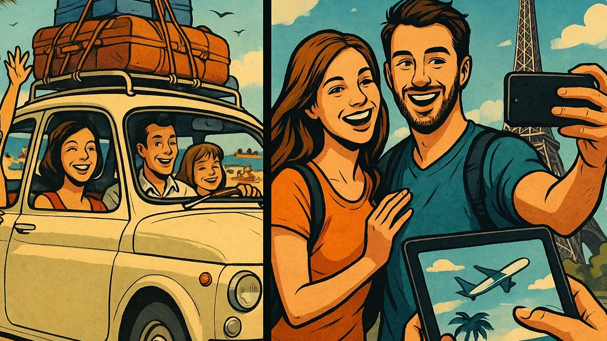 Famiglia italiana in vacanza anni 60 con utilitaria