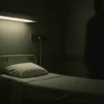 Figura oscura e misteriosa in una stanza di ospedale con letto di paziente