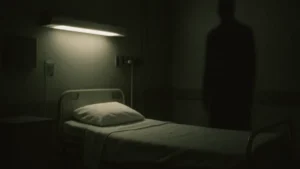 Figura oscura e misteriosa in una stanza di ospedale con letto di paziente