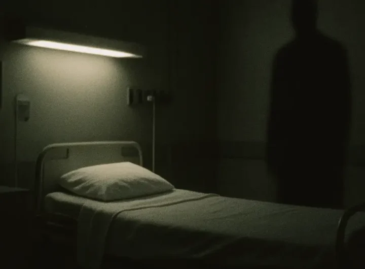 Figura oscura e misteriosa in una stanza di ospedale con letto di paziente