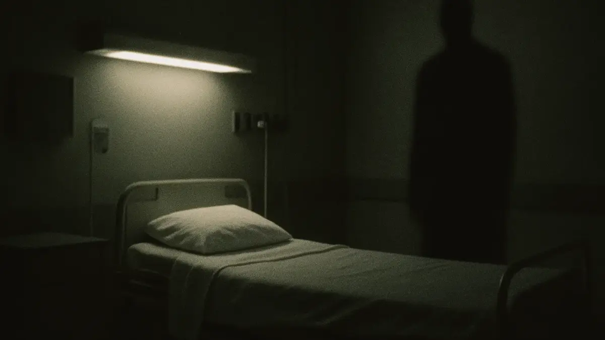 Figura oscura e misteriosa in una stanza di ospedale con letto di paziente