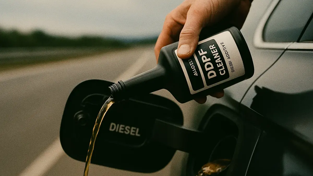 Flacone di additivo diesel pulitore DPF versato nel serbatoio